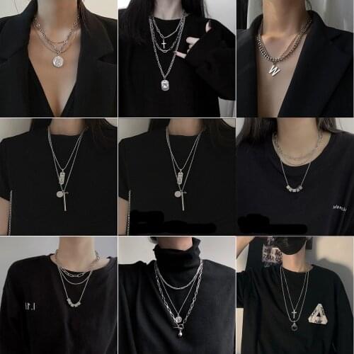 VSnow Star Smile Face Cross Love Pearl Letters Safety Pin Pendant Necklace for Women Stainless Steel Multilayer Necklace Jewelry