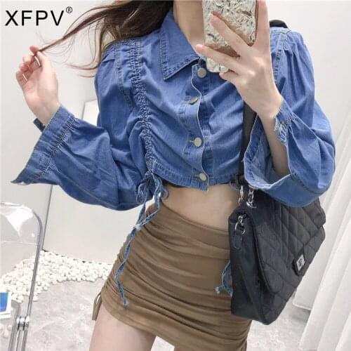 XFPV 2021 New Spring And Autumn Fashion Casual Long Sleeve Solid Color Short Denim Shirt Top Womens Coat SL920