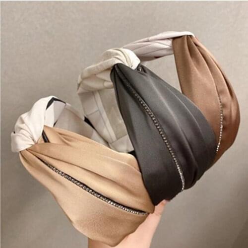 Hign End Headband with Crystals Chains Winding Ladies Fashion Headdress Wide Head Band Color Blocking Silk Satin Hairband Cross