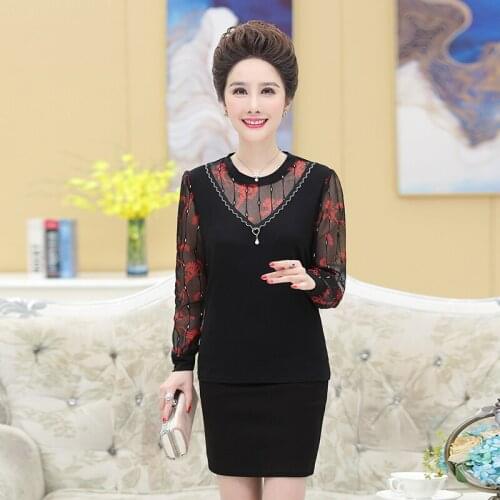Mesh Lace Long Sleeve Women T-Shirt Casual Tee Spring Pullover Tshirt O-Neck Printed Mother Tops Plus Size 2021 New Clothes