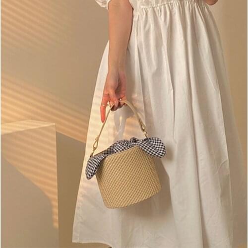 Plaid Bowknot Womens Straw Bucket Bag for 2021 New Fashion Solid Big Capacity Stylish Versatile Females Single Shoulder Bag