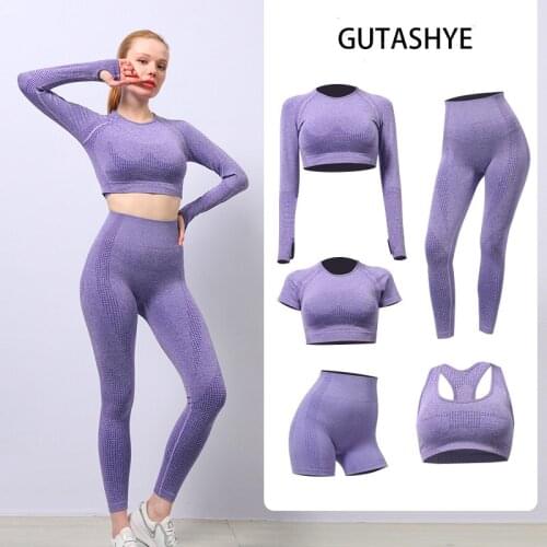 2021 New Women Yoga Sets 2/3/5PCS Seamless Long Sleeve Crop Top High Waist Gym Fitness Leggings Workout Sportswear Sport Suit