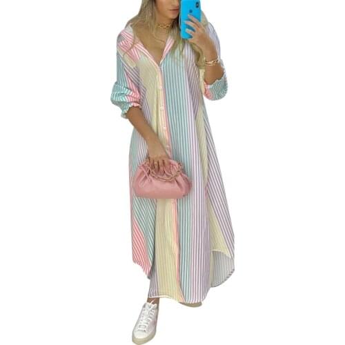 Women Color Striped Button Shirt Maxi Dress Summer Femme Turn-down Collar Loose Casual Long Sleeve Robe Office Lady Clothing D30