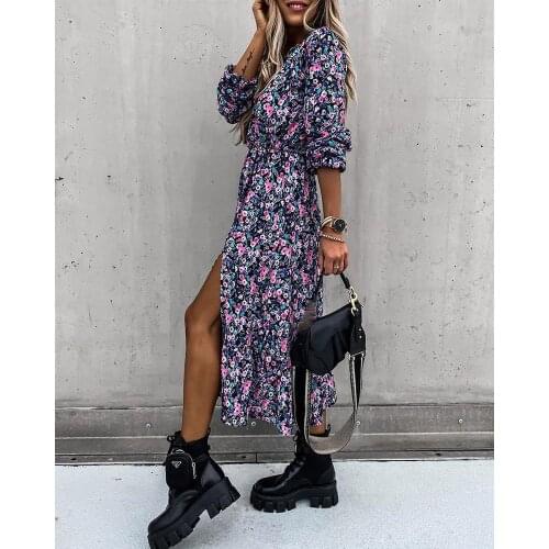 2020 Spring and Autumn Sexy Fashion Print V-neck Button Chiffon Slit Long Dress Woman Dress
