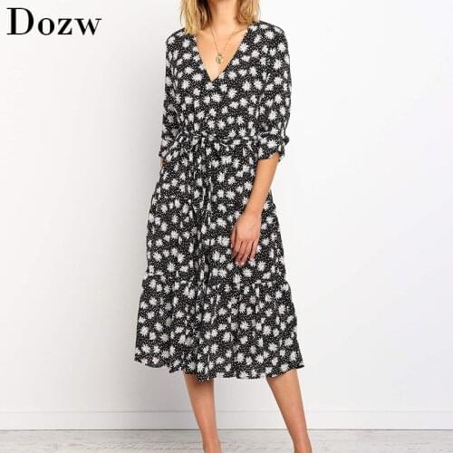 Elegant Black Dress Women Vintage Floral Print V Neck Party Dress Casual Long Sleeve A Line Autumn Sashes Midi Dresses Vestidos