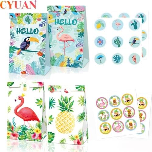 12pcs Pineapple Flamingo Kraft Paper Gift Bags Hawaiian Tropical Party Favors Candy Bag Gift Packing Box Birthday Wedding Decor