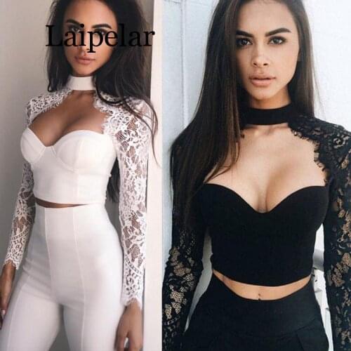 2020 Women Sexy Lace Patchwork Tops Long Sleeve Push Up Padded Bra Sexy Crop Tops Ladies Lace T-Shirt Tops Slim Tops Fashion