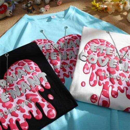 2021 Women Heart Print Harajuku Cotton Summer Tshirts Casual Round Neck Short Sleeve Oversize Tops Tee Shirt Unisex With Chain