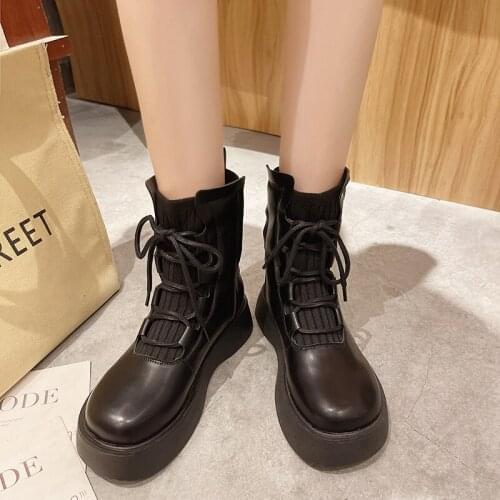 Shoes Lolita Boots Lace Up Flat Heel Luxury Designer Boots-Women Round Toe Med Ladies Fashion 2021 Autumn Rubber PU Ankle Cotton