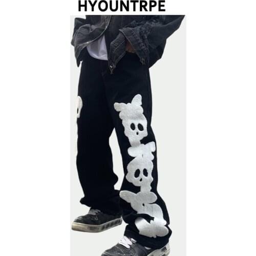 Mens High Street Denim Jean Pants Casual Loose Straight Jeans Fashion Skull Patchwork Hip Hop Punk Clothes Streetwear Joggers