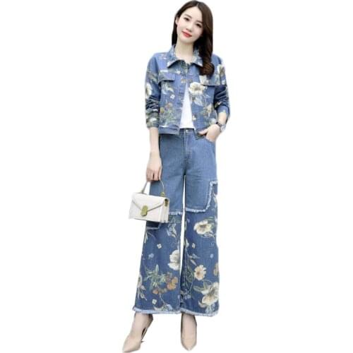 Elegant Womens Suit Fashion Plus Size Retro Denim Short Jacket +Wide Leg Pants Two Piece Set Spring Autumn Female Pants Set 223