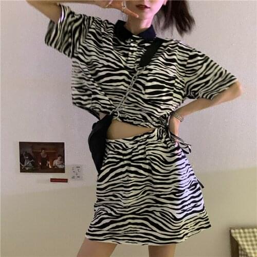 Harajuku Summer Punk Harajuku Vintage Zebra Print A Line Short Skirt Ins Two Piece Set Street Korea Sexy Women Hip-Hop Clothing