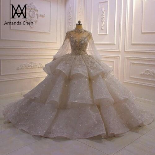 Hochzeitskleid High Neck Long Sleeve Rhinestone Crystal Shiny 2020 Wedding Dress