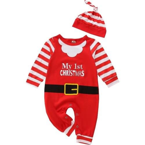 My 1st Christmas Newborn Baby Boy Girl Long Sleeve Santa Claus Cotton Romper Jumpsuit Hat 2PCS Xmas Clothes