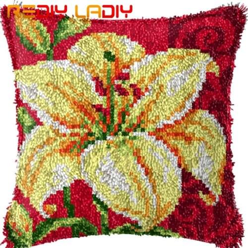 Latch Hook Cushion Kit White Lily Pillow Case Acrylic Yarn Sofa Pillow Printed Color Canvas Crochet Cushion Cover Arts & Crafts