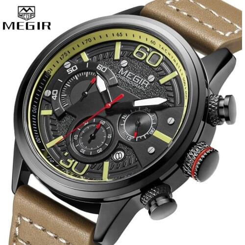 MEGIR New Watch Men Chronograph Luxury Brand Waterproof Sport Quartz Wristwatch Man Casual Leather Analog Watches Military Clock