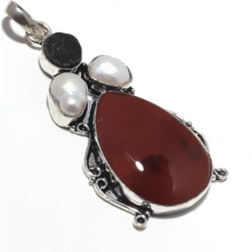 Mookaite + Biwa Pearls +Drusy Pendant Silver Overlay over Copper , 72 mm, P6835