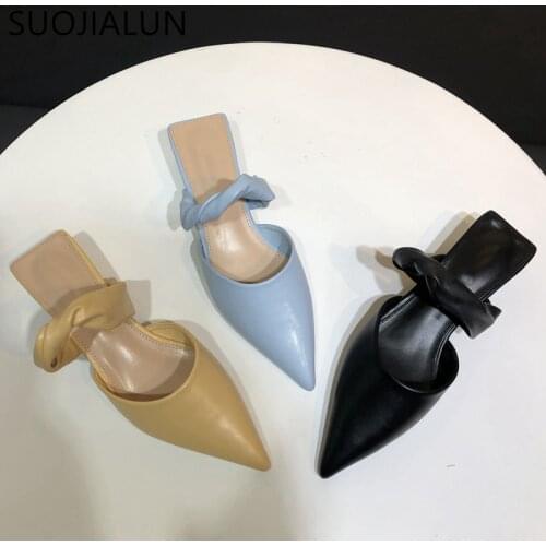 SUOJIALUN Women Slip On Mules Shoes Square Low Heel Pointed Toe Casual Slipper Ladies Brand Outdoor Slides Flip Flops Shoes
