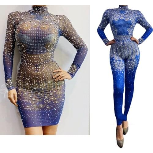 New Pole GoGo Dance Clothes Blue Long Sleeve Rhinestone One-Piece Nightclub Dj Ds Stage Dress Female Singer Jumpsuit DWY5975