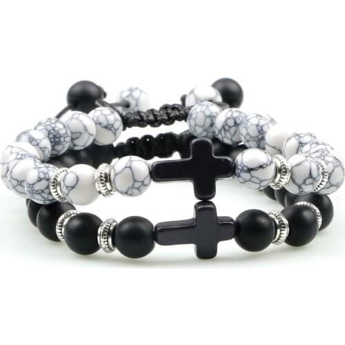 2Pcs/Set Charm Couple Bracelets Black Jesus Cross Natural Stone Bracelet Adjustable Braided Rope Healing Bangle Handmade Jewelry