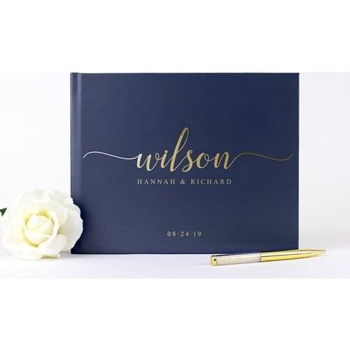 Personalized Gold Guest Book, Gold Foiled Wedding Guestbook, Custom Sign In Book, Navy Blue Wedding Book Bridal Shower Gift