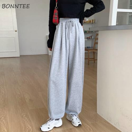 Casual Pant Women Gray Street Style Female All-match Drawstring Autumn Simple 2021 Solid Full-length Ulzzang Student Comfortable