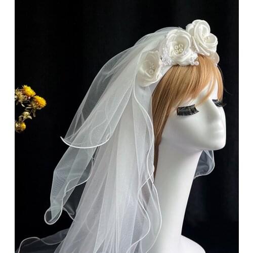 Handmade Fairy Long Mesh Veil Hairband White Floral Pearl Beading Headband Wedding Party Bride Flower Gauze Hair Accessories