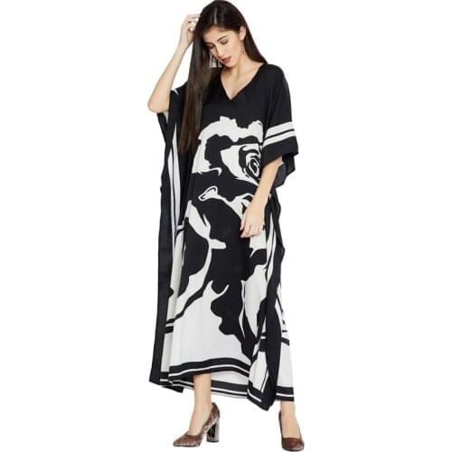 Romance Rose Flowers Print Black Dresses Elegant Kaftan Women Gentle Long Maxi Dress Retro Fashion Batwing Sleeve Morocco Tunics