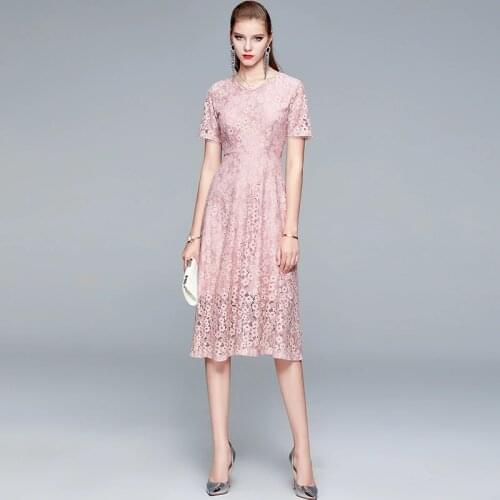 Pink Lace Dresses Summer V-Neck Regular Mid-Calf Casual sexy dress women Ages 35-45 Years Old vestido feminino 2021
