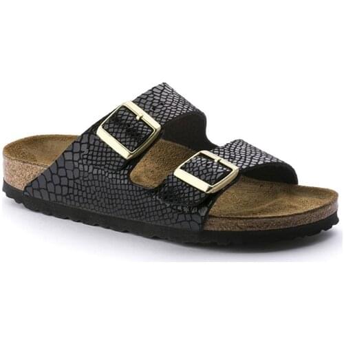 High quality leather pattern upper cork rubber sole summer beach casual men and women Arizona sandals with box