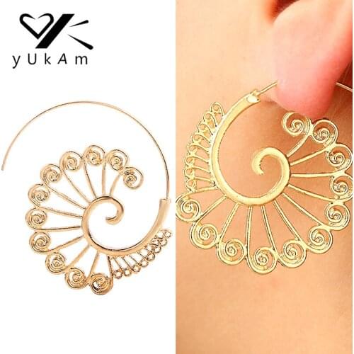 YUKAM Bohemian Ethnic Circle Round Spiral Hoop Earrings Creolen Gold Brinco Punk Whirlpool Gear Swirl Earrings for Women Jewelry