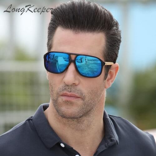 LongKeeper Square Wooden Sunglasses Men Women Big Bamboo Mirrored Sun Glasses Classic Goggle For Driving Gafas De Sol Hombre