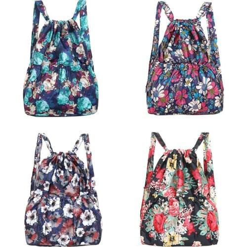 Ladies Drawstring Shoulder Bags Water Resistant Floral Leaf Printed Lightweight Folding Backpack for Hiking Gym Swimming Travel