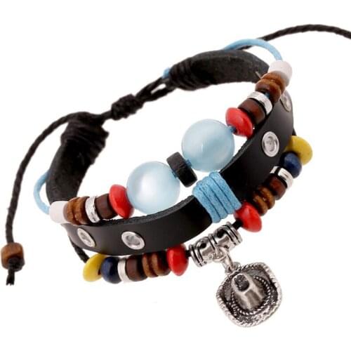 Vintage Fashion Cowboy Cowgirl Hat Beads Bracelet Wrap Multi-layer Rope Leather Retro Charm Bangle Wristbands Men Women Jewelry