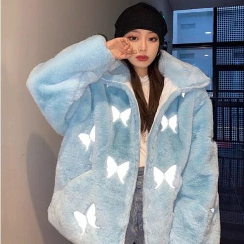 Women 2021 Winter Fashion Butterfly Faux Fur Warm Coats Female Casual Loose Outwear Ladies Imitation Fur Plush Jackets R709