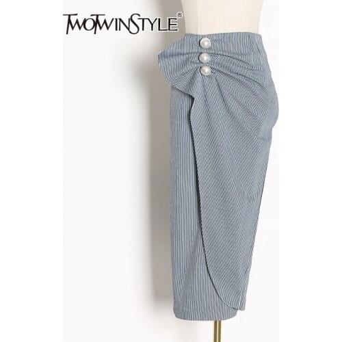 TWOTWINSTYLE Striped Patchwork Pearl Skirt For Women High Waist Asymmetrical Midi Skirts Female Fashionable Clothing Summer Tide