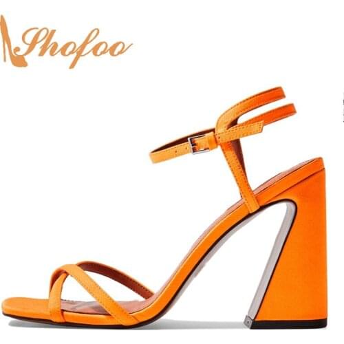 Orange Funky Sandals Woman Ankle Wrap High Hoof Heels Ladies Summer Dress Shoes Footwear Buckle Strap Large Size 33 35 Fashion