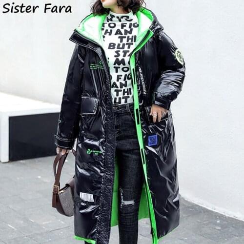 Sister Fara 2021 Winter Thicken Warm Coat Down Jacket For Women Female Loose Cotton Long Sequins Hooded Down Jacket Coat