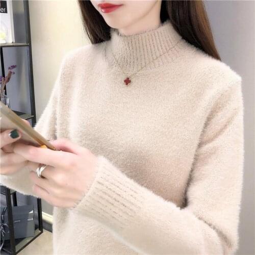 Casual Mink Cashmere Knitted Sweater Women 2020 Autumn Winter Turtleneck Long Sleeve Jumper Korean Lady Pullover Female Knitwear