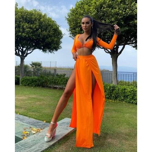 2021 New Style Women Sexy Two-piece Set Ladies Solid Color Deep V-neck Long Sleeve Crop Tops and Slit Skit Summer Beachwear