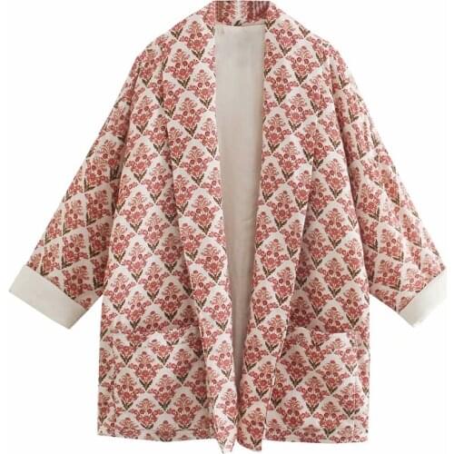 MESTTRAF Women 2021 Fashion Print Lapel Collar Kimono Cotton Jacket Retro Long Sleeve Front Pocket Quilted Jacket Streetwear