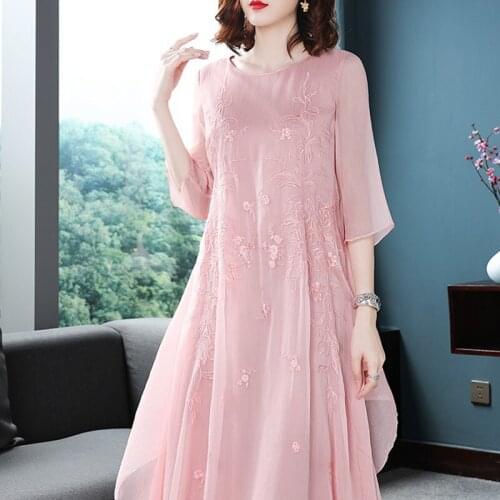 Brand Womens Summer Dress Vintage Floral Embroidery o-neck White Dress Loose Solid Casual Elegant Party long Dress