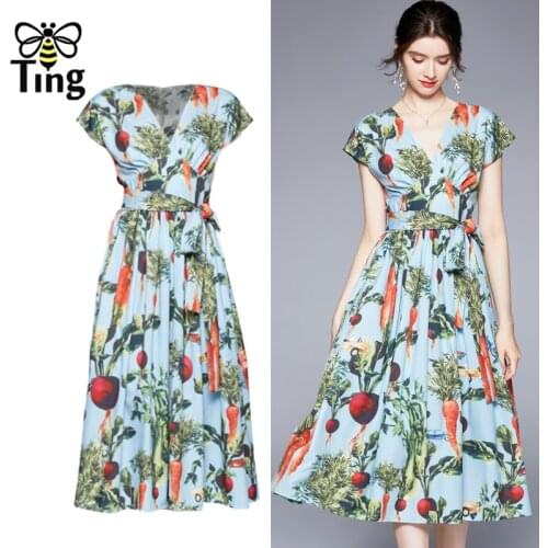 Tingfly Summer Bohemian Floral Tropical Print A Line Midi Long Dress Women Casual V Neck Vintage High Waist Boho Dress Party Eam