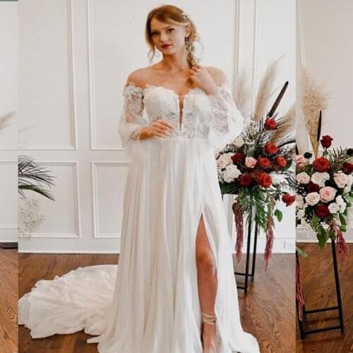 Off Shoulder Wedding Dress 2021 Long sleeve Side Slit Brides Dress White Chiffon sweep Train Lace Appliques Robe De Marige