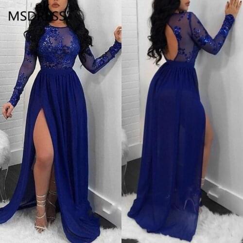 2019 Royal Blue Scoop Neck Prom Dresses Sheer Long Sleeves Sequins Appliques Side Split Backless Evening Gowns Dresses