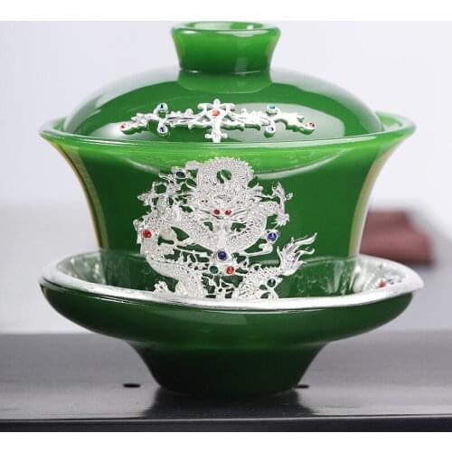 150ml Jade Porcelain Tea Bowl Luxurious Tea Tureen Chinese Teaware Silver Cup Saucer Lid Set Creative Tea Cups Decor Collection