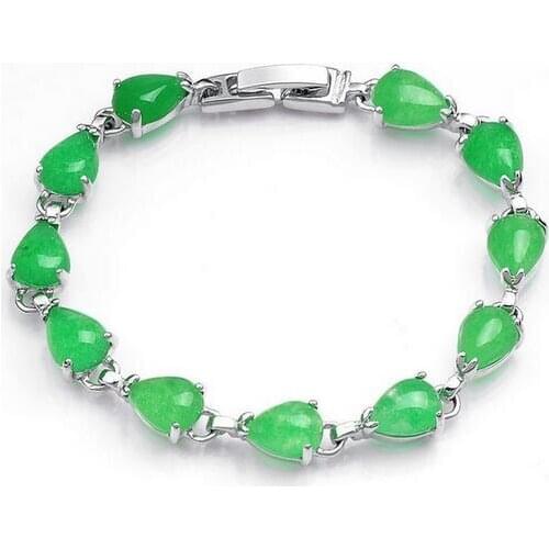 Natural Jade Full Green Bracelet Heart-shape Vacuum Electroplated Silver Hand Chain