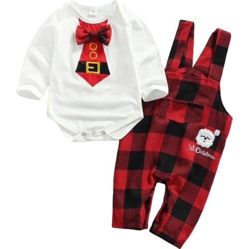 Children Christmas Two-piece Clothes Set Baby Boys Round Collar Long Sleeve Romper Printed Suspender Trousers New Year Suit