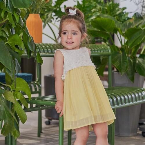 Hollead Girls Sleeveless Pleated Dress Yellow Cute Hollow Embroidered Dresses Casual Breathable Cotton Kids Baby Lovely Clothes