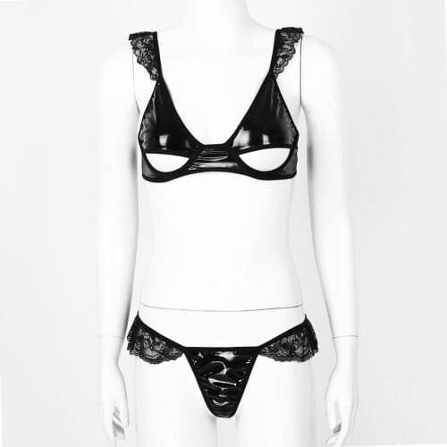 Womens Hot Wet Look Sexy Lingerie Sets Latex Pole Clubwear Costumes Exotic Sets Lace Underwire Open Nipples Bra and G-String